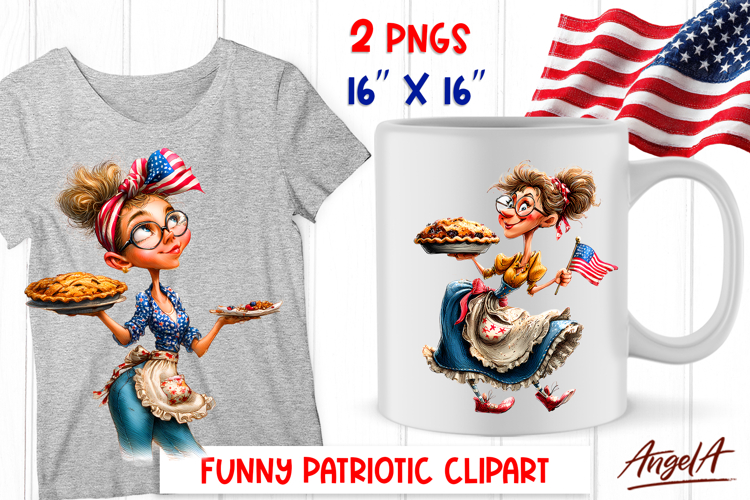 4th of July clipart patriotic USA Funny lady with pie PNG
