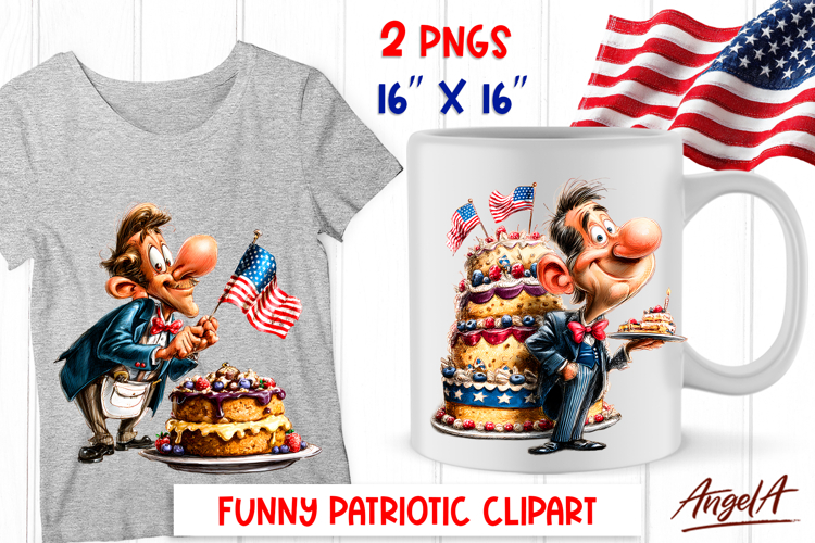 4th of July clipart patriotic Funny man with cake, USA flag