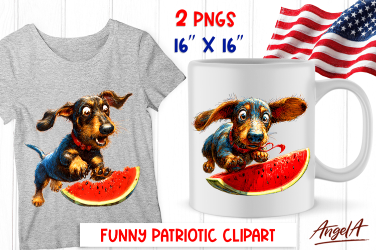4th of July clipart USA patriotic dog Dachshund watermelon