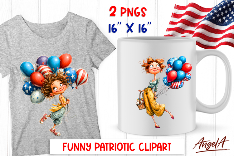 4th of July clipart USA patriotic girl with balloons PNG