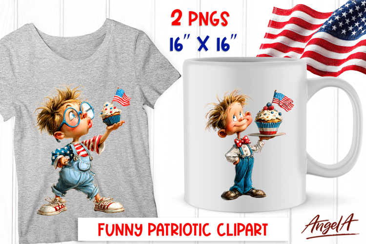 4th of July clipart patriotic boy with cupcake and USA flag