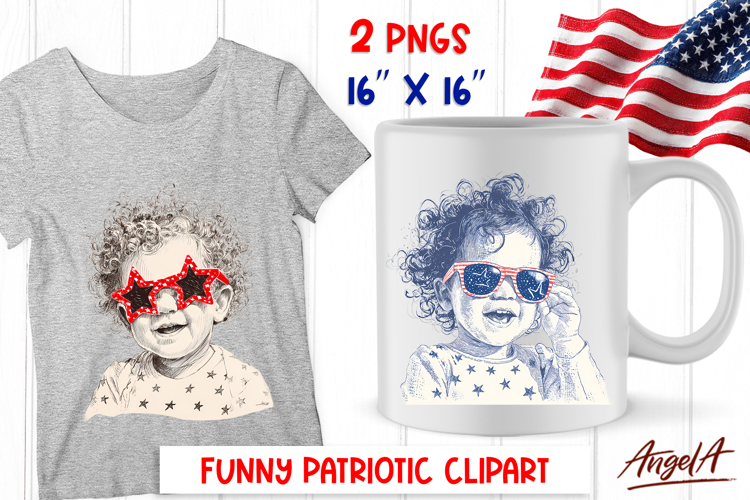 4th of July clipart USA retro baby girl with sunglasses