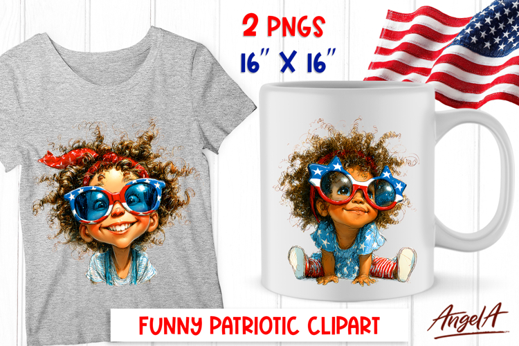 4th of July clipart USA happy baby girl with sunglasses PNG