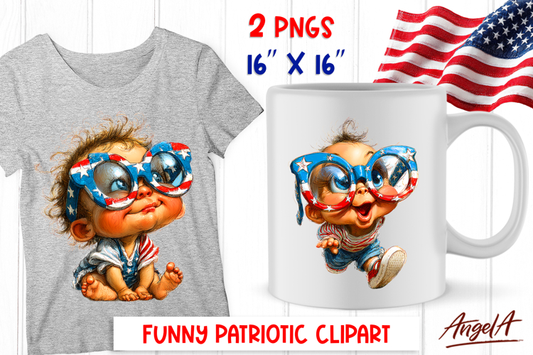 4th of July clipart USA happy baby boy with sunglasses PNG