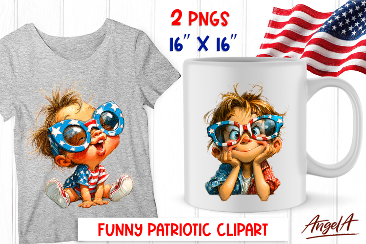 4th of July clipart USA patriotic baby boy with sunglasses