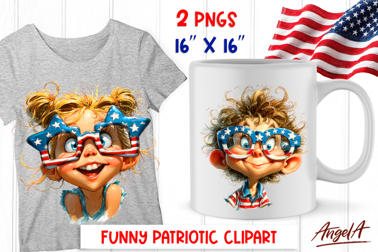 4th of July clipart USA patriotic girl, boy with sunglasses