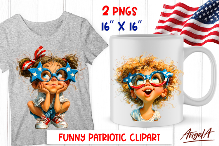 4th of July clipart USA patriotic cute girl with sunglasses