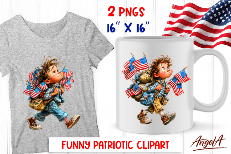 4th of July clipart patriotic boy with USA flags PNG