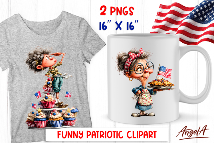 4th of July clipart patriotic elderly lady USA flag PNG