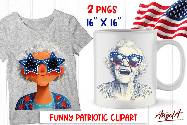 4th of July clipart patriotic elderly old lady USA flag PNG