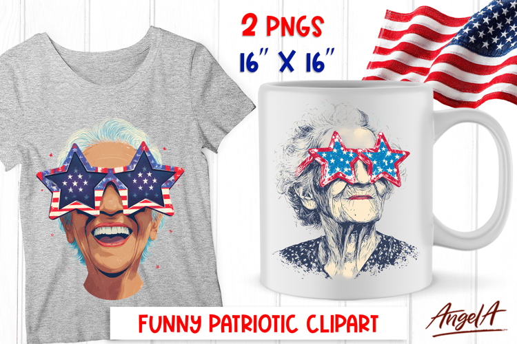 4th of July clipart patriotic portrait elderly lady USA flag