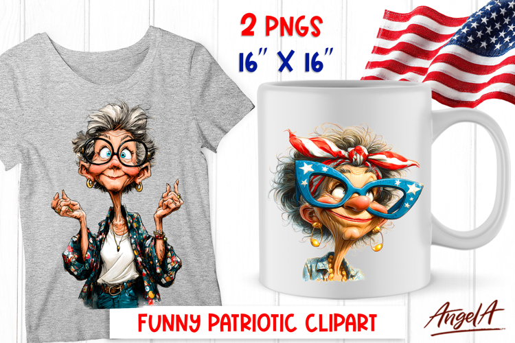 4th of July clipart patriotic USA Funny elderly lady PNG