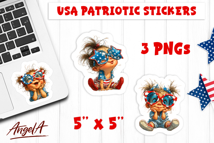 USA patriotic stickers 4th of July Baby girl with sunglasses