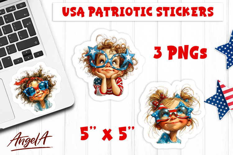 USA patriotic stickers 4th of July Baby girl with sunglasses