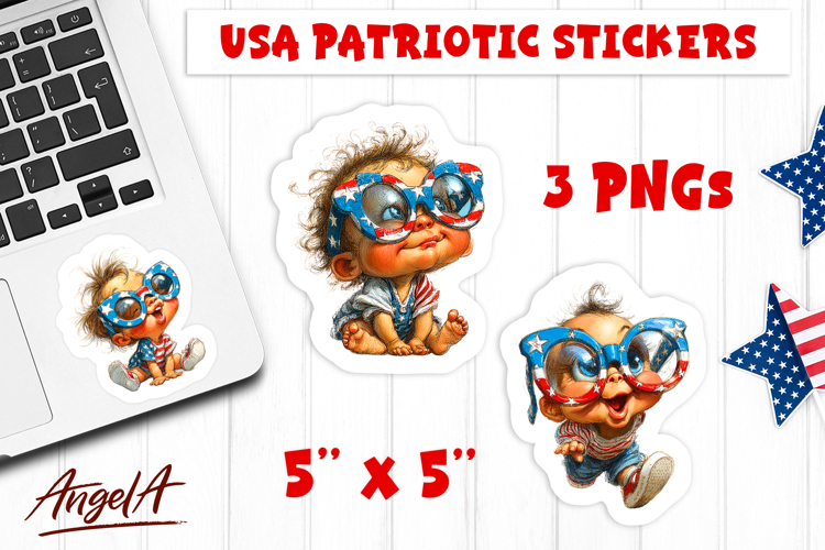 USA patriotic stickers 4th of July Baby boy with sunglasses
