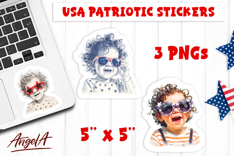 USA patriotic stickers 4th of July Retro girl with sunglasse