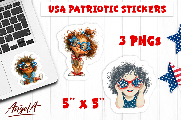 USA patriotic stickers 4th of July Retro girl with sunglasse
