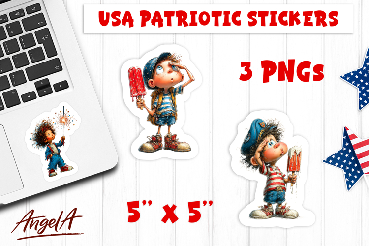 4th of July USA patriotic sticker Cute boy with ice cream