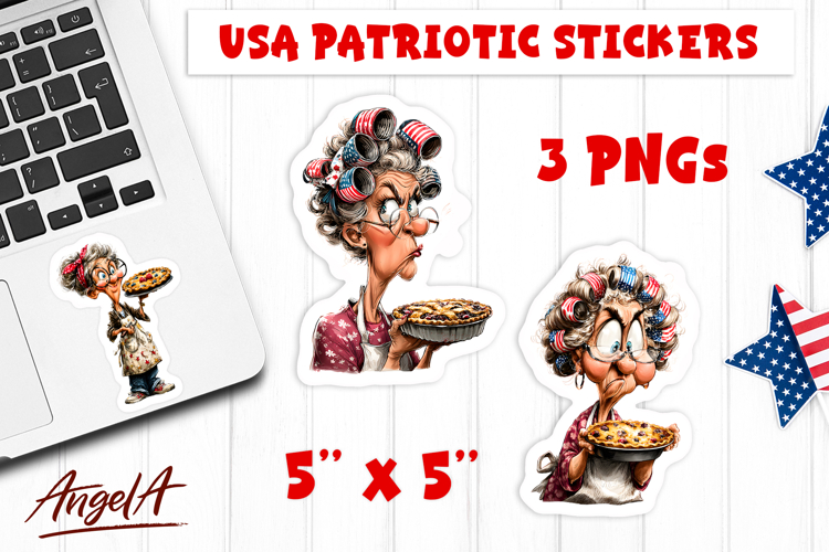 4th of July USA patriotic sticker Funny old lady with pie