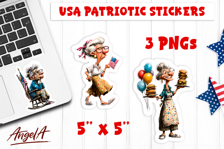 4th of July USA patriotic sticker Cute old lady Grandmother