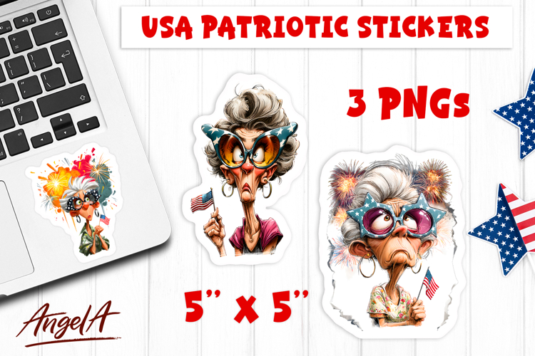 4th of July USA patriotic sticker Cute lady Grandmother PNG