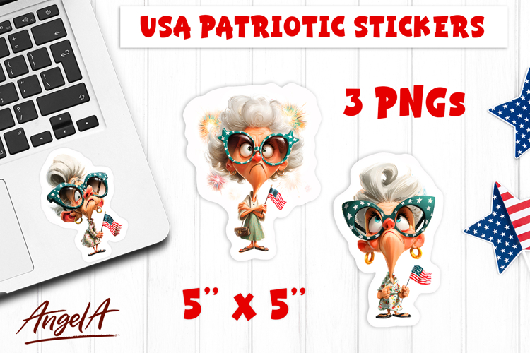 4th of July USA patriotic sticker Elderly lady with USA flag