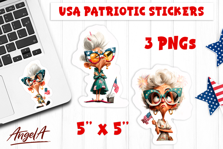 4th of July USA patriotic sticker Elderly lady with USA flag