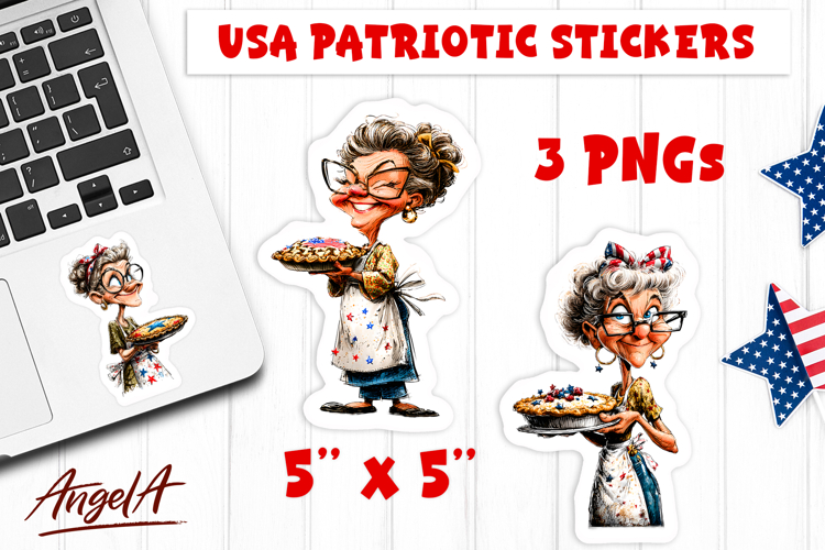 4th of July USA patriotic sticker Funny old lady with pie