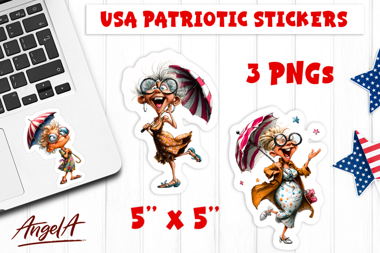 4th of July USA patriotic sticker Happy lady with umbrella