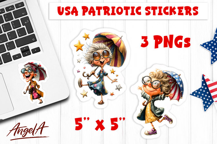 4th of July USA patriotic sticker Dancing elderly lady PNG