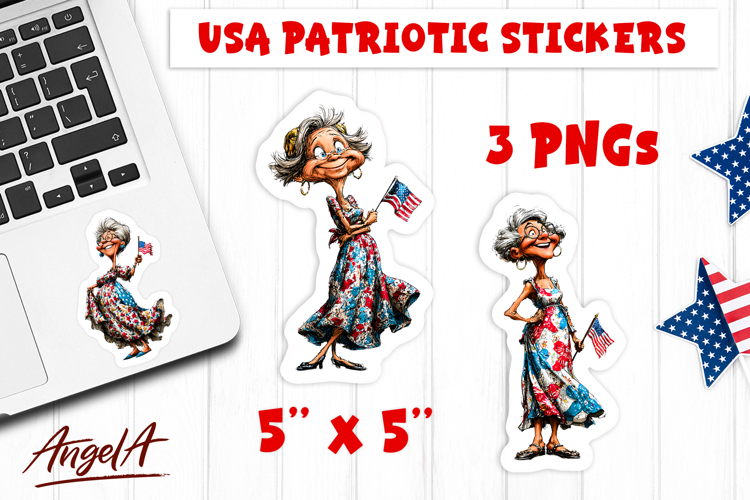 4th of July USA patriotic sticker Smiling elderly lady Flag