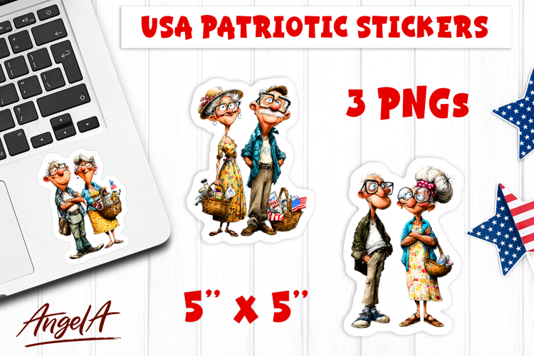 4th of July USA patriotic sticker Cute Elderly couple PNG