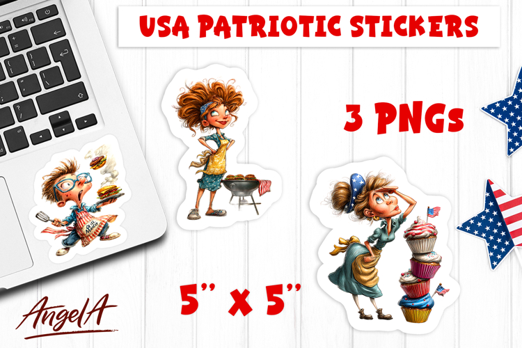 4th of July BBQ USA patriotic lady printable stickers PNG