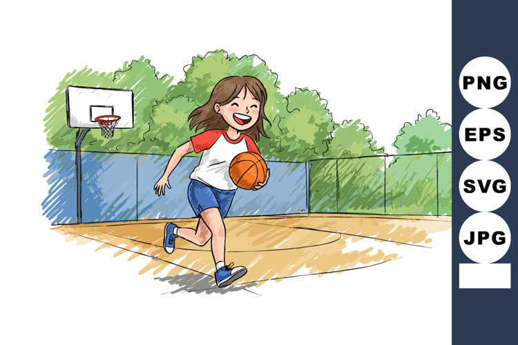 Girl playing basketball outdoors on court with green trees b