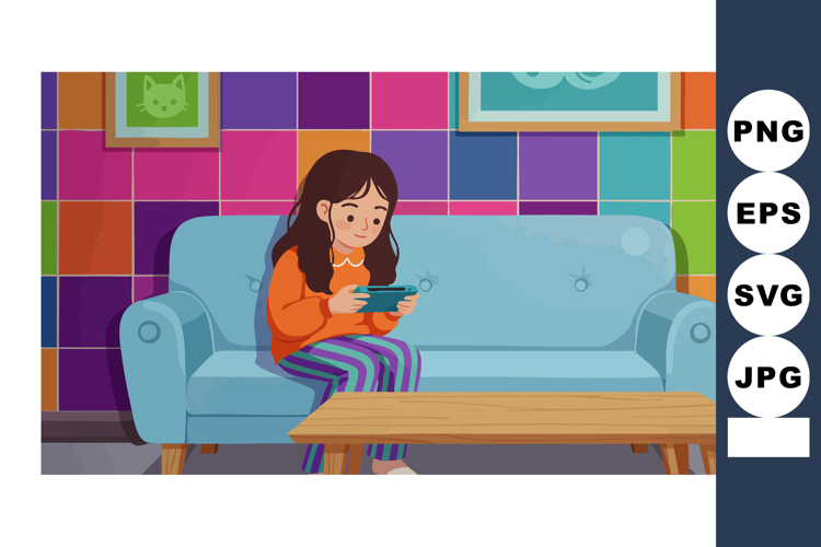 Girl sitting on blue sofa drinking hot beverage in colorful