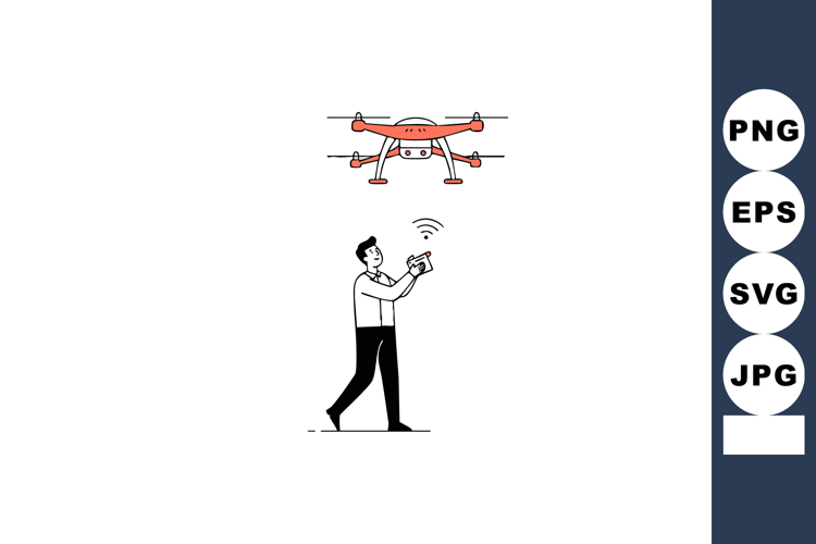 Man controlling flying orange drone with remote controller v