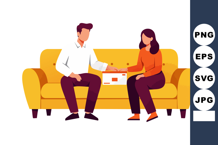 Couple Sitting on Yellow Sofa Sharing Gift Box in Cozy Livin