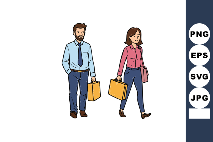 Businessman and businesswoman walking with briefcases in cas