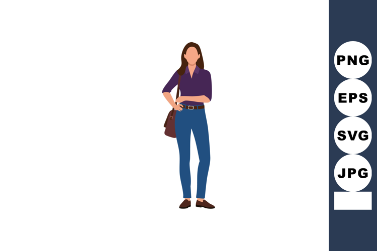Casual confident young woman standing with bag wearing purpl