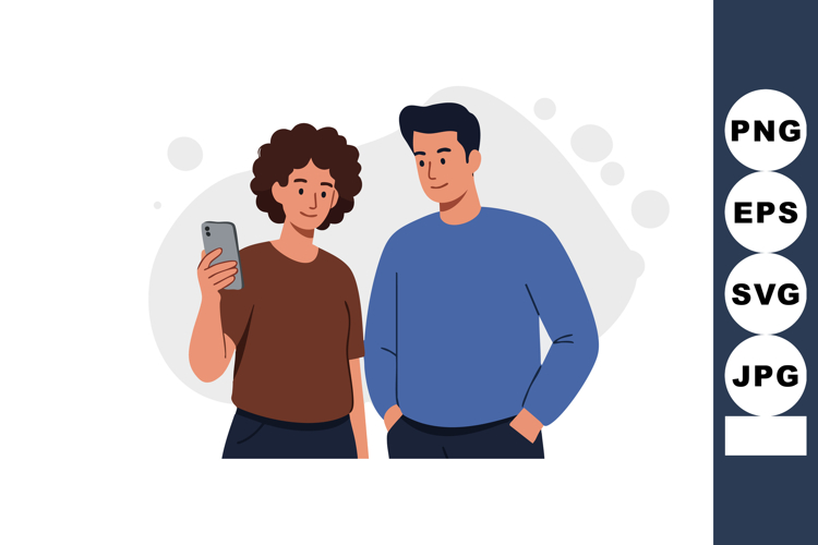 Young man and woman using smartphone casual interaction in b