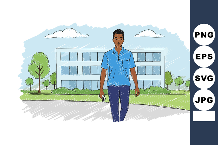 Man walking outside modern building with blue shirt and gree