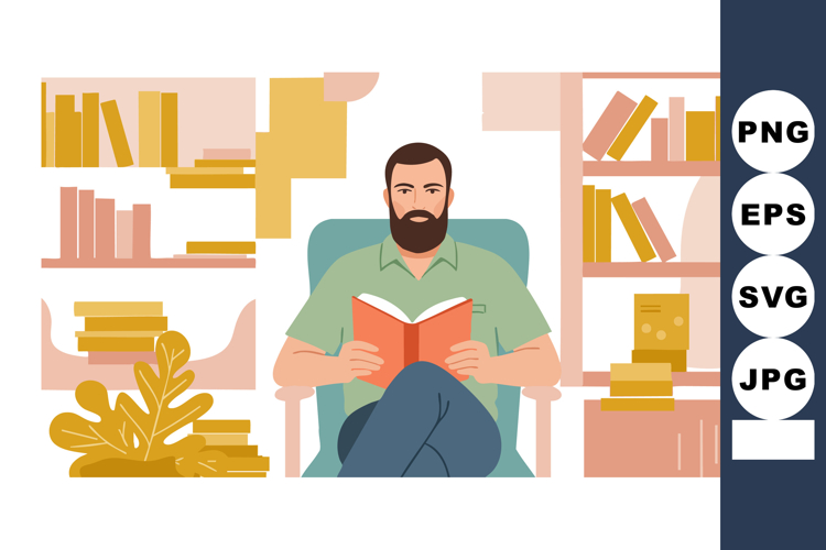 Man sitting in armchair reading book surrounded by bookshelv