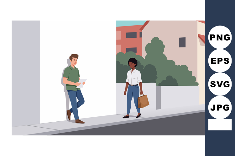 Young man and woman walking and interacting on urban street