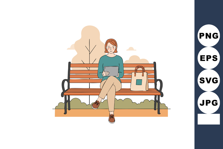 Woman sitting on park bench using laptop with shopping bags