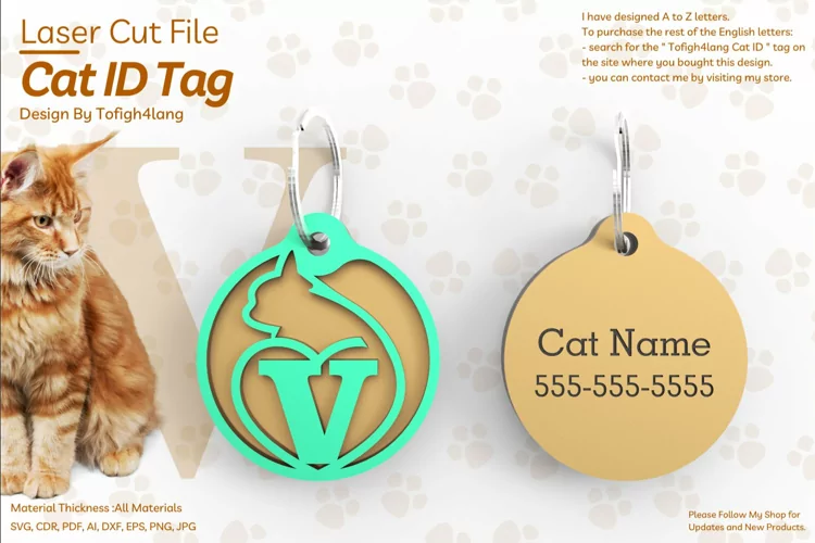 V | Cat ID Tag | Cat ID Tag Slide On Collar| laser cut | SVG