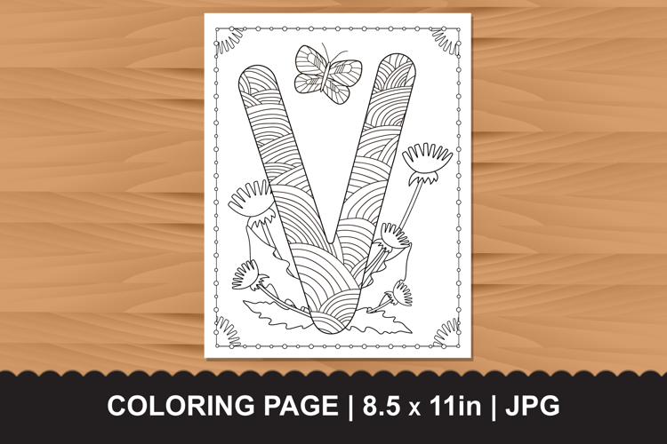 Letter V Coloring Page with Butterflies and Flowers