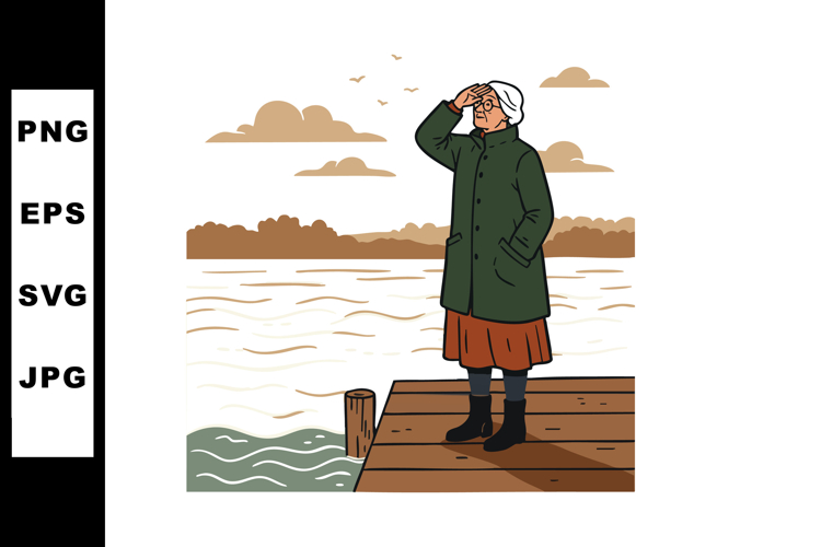 Elderly woman standing on wooden dock looking at lake during