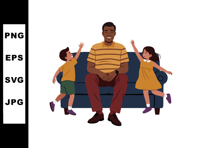 Father sitting on couch with son and daughter playing happil