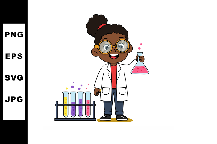 Young girl scientist holding flask with colorful liquids and