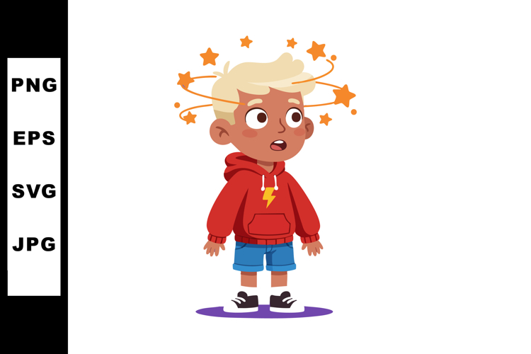 Child in red hoodie feeling dizzy with stars spinning around